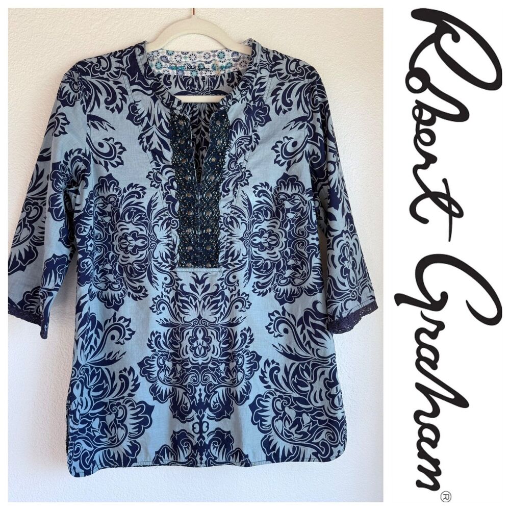 Robert Graham Womens Embroidered Beaded Damask Print Split Neck Popover Top Blue